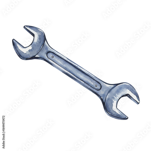 Watercolor Illustration of a Silver Open-End Wrench Tool