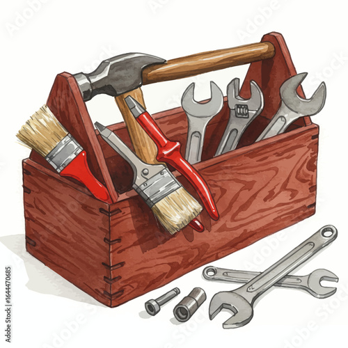 Hand-Drawn Toolbox Illustration Filled with Various Tools and Fasteners