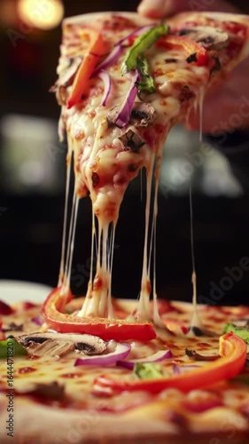 Hot pizza slice lifted with gooey cheese and tomato topping