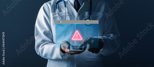 Medical data breach, healthcare cybersecurity, and digital patient information protection concepts. Doctor holding smartphone with holographic warning alert icon. Emergency notification.