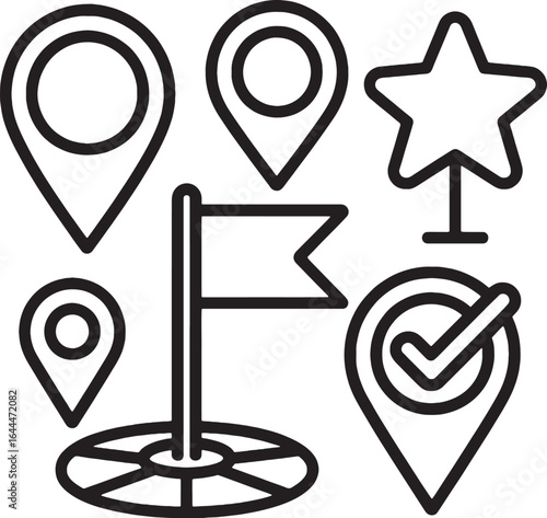 Location Pins Flag Star and Checkmark for Navigation and Goals marker destination