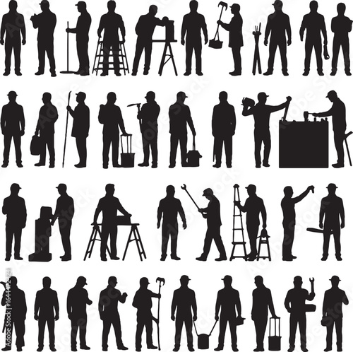 Silhouettes of construction workers and tradespeople with tools and equipment builders