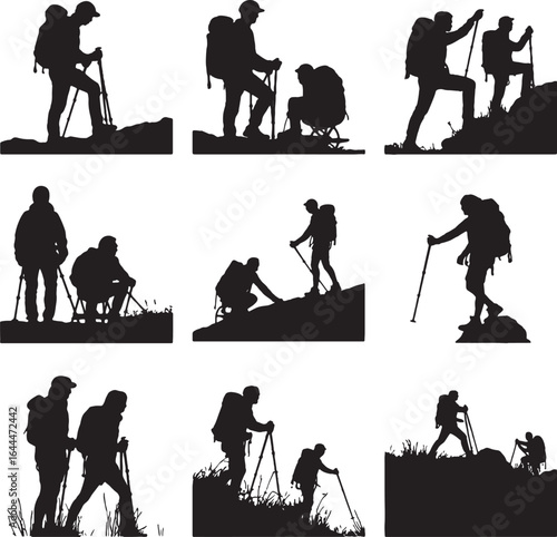 Silhouettes of hikers with backpacks and trekking poles on rocky terrain hiking mountains