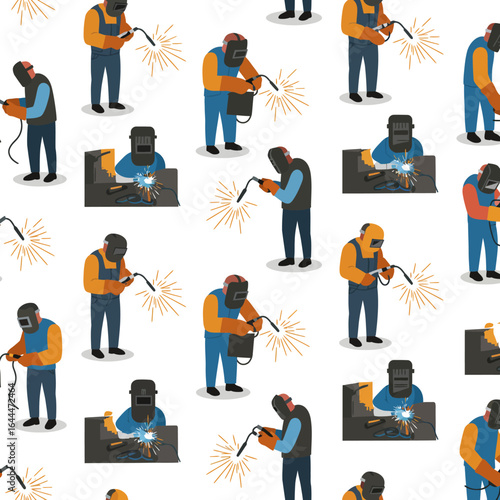 Cartoon Welders in Protective Gear Welding with Sparks, Seamless Pattern