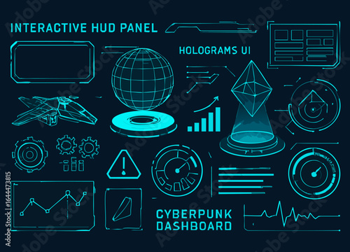 Cyberpunk Hologram HUD Panel Interface, Futuristic Dashboard, Digital Infographic Design Elements