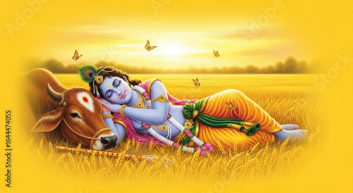 Krishna Resting with a Cow A Digital Painting of the Hindu Deity Sleeping in a Field with Butterflies and a Flute in a Golden Sunset Landscape
