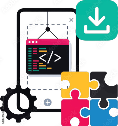 Digital Design Concept with Coding, Puzzle Pieces, and Gear Icon programming software development