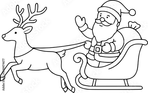 Black and white illustration of Santa Claus in a sleigh pulled by a reindeer.