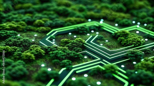 Green electronic circuit board with processor and nature-inspired patterns