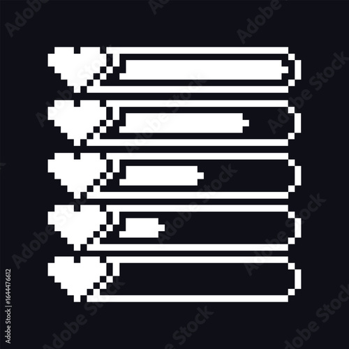 this is Health bar icon in pixel art with white color and black background ,this item good for presentations,stickers, icons, t shirt design,game asset,logo and your project.