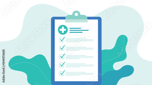 Medical checklist on clipboard with tick boxes and a blue abstract background