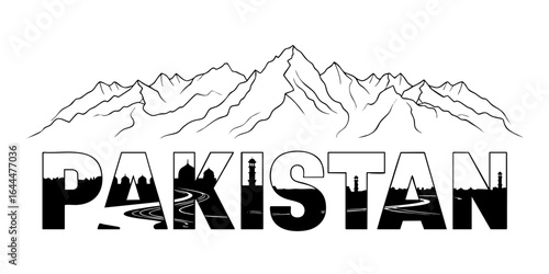 Pakistan Typography Landscape Vector – Silhouette of Mountains, Famous Monuments, and Scenic Road for Travel Designs