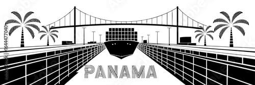 Vector Illustration of Panama Canal with Container Ship, Palm Trees, Bridge and Modern Typography for Global Trade and Travel
