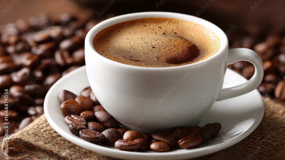 Freshly brewed espresso is presented in a white cup on a rustic wooden table, surrounded by coffee beans and a burlap sack, creating an ambiance that is both rich and inviting Freshly brewed espresso is presented in a white cup on a rustic wooden table, surrounded by coffee beans and a burlap sack, creating an ambiance that is both rich and inviting