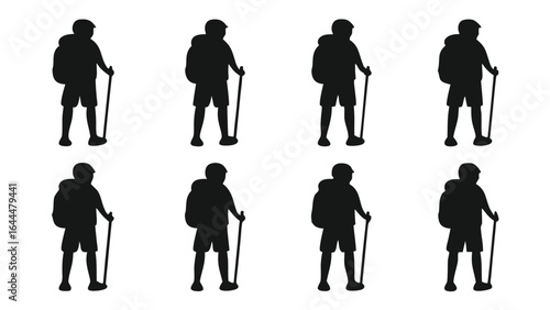 Hikers with backpacks and walking sticks silhouettes