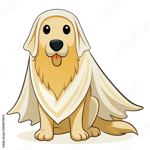 Cute cartoon golden retriever dog wearing a white ghost costume sitting on a white background Keywords: dog, golden retriever, puppy, cute, cartoon, animal, pet, canine, friendly, happy, playful