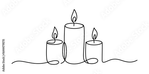 Three lit candles in a single continuous line drawing on white background