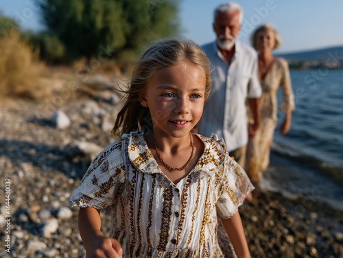 Girl on Beach with Grandparents Summer Day.