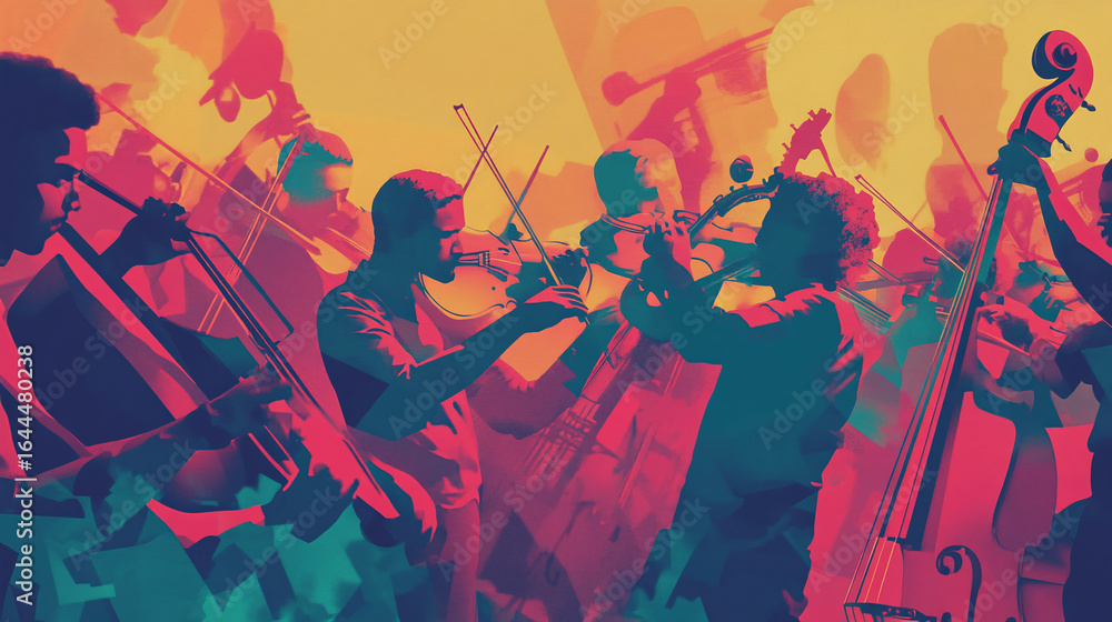Fototapeta premium Seamless Harmonious Orchestra with Musicians and Instruments Blending into a Beautiful Symphony of Collaboration