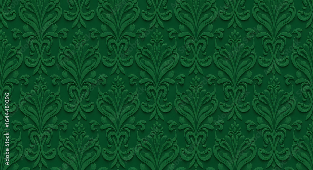 Dark Green Embossed Ornate Floral Pattern Seamless Background.