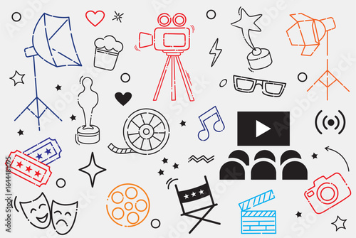Cinema web icons in line style. Film, popcorn, video, movie theater, collection. 