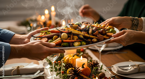Hands holding a dish of roasted veggies, perfect for holiday meal or vegetarian recipe concept in food and celebration themes.