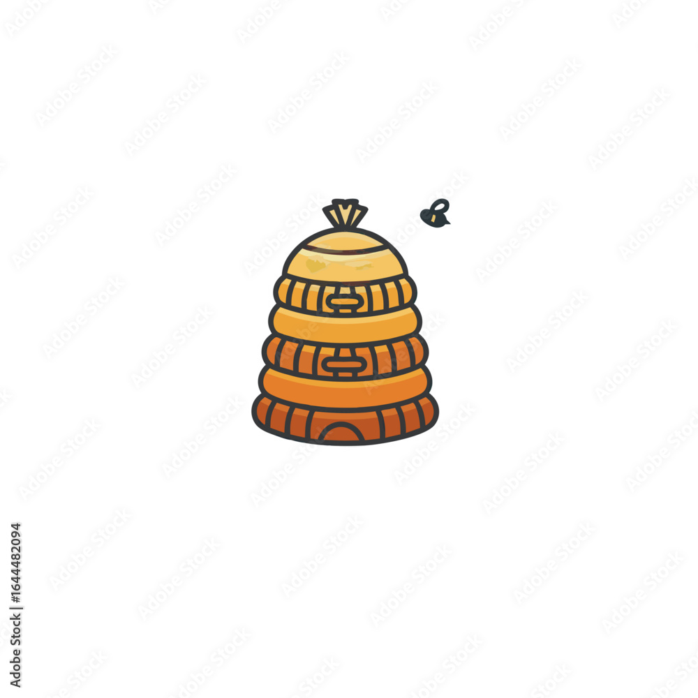 Fototapeta premium vector of a traditional beehive with a flying bee, symbolizing honey production, nature, and community