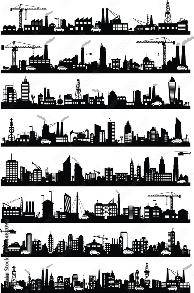 Fototapeta premium Collection of diverse cityscape silhouettes featuring industrial buildings cranes and tall structures against a white background