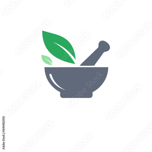 vector of a mortar and pestle with green leaves, symbolizing natural medicine, herbal remedies, or pharmacy