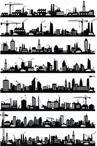 Collection of diverse cityscape silhouettes featuring industrial buildings cranes and tall structures against a white background