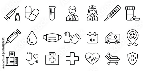 Outline vector icon set for medicine, health, and hospital care.

