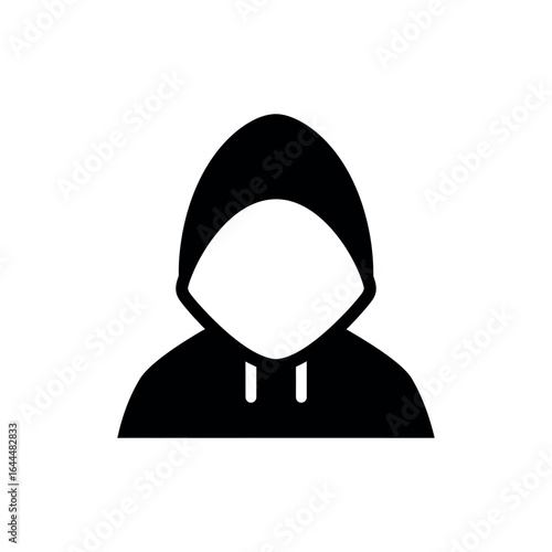 Black hooded figure icon on white background representing anonymity and mystery