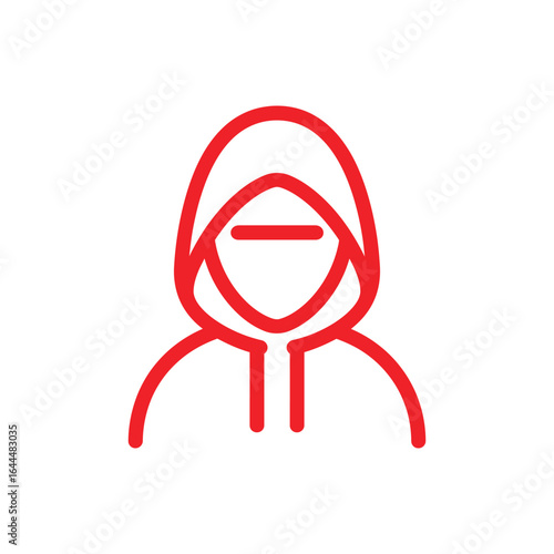 Red hooded figure icon with covered face on white background, representing anonymity