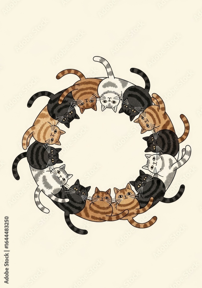 Fototapeta premium Illustrated Wreath of Diverse Tabby Cats Forming a Harmonious Circle
