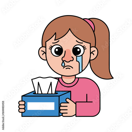 Sad Cartoon Girl Crying Holding Blue Tissue Box with Tissues.