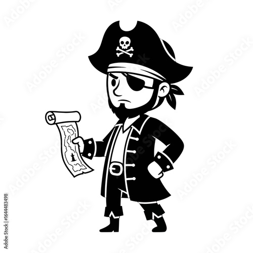 Stern cartoon pirate captain in a Jolly Roger hat and eyepatch holding a treasure map scroll.