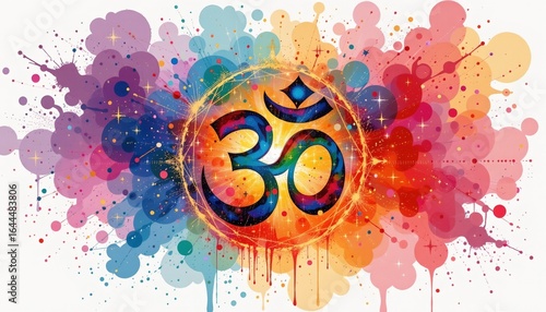 watercolor omkar symbol with cosmic background, no people