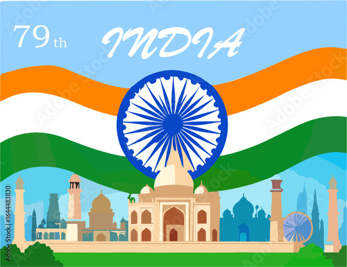 A patriotic illustration showcasing the Indian flag with iconic monuments and the Ashoka Chakra, celebrating the nation.