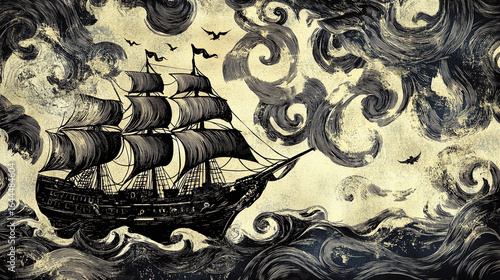 Vintage hand-drawn seamless pirate ship illustration with ship silhouette blending into swirls of wind water and sea creatures