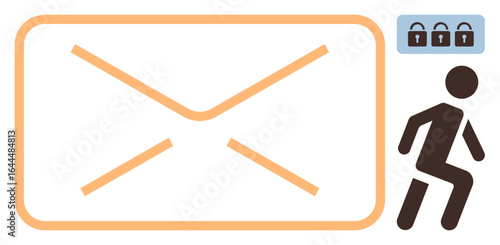Enclosed email icon with locks and a walking character symbolizing secure messaging, data protection, and privacy. Ideal for cybersecurity, encrypted email, caution, safety, secure communication