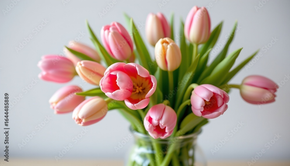 Obraz premium pastel tulips bouquet in glass vase, spring, no people, no text, no logo