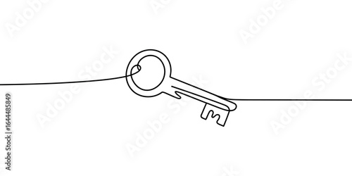 One line drawing of a key on white background, continuous line art style