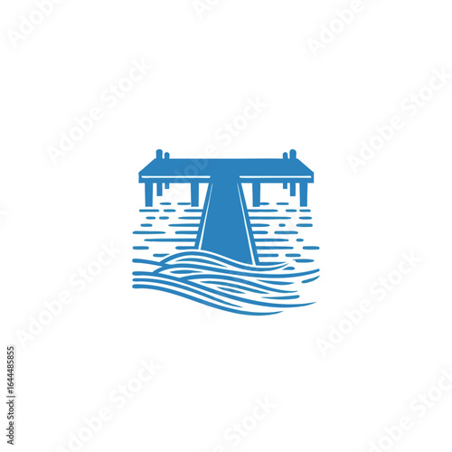 vector of a wooden pier extending over water, with waves, subtly forming the letter T, for travel or seaside themes.