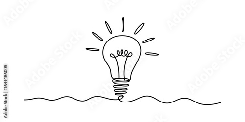 Continuous line drawing of glowing lightbulb idea concept on a white background