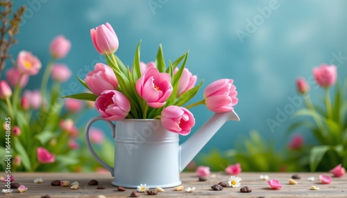 miniature watering can with pink tulips, spring, no people, no text, no logo