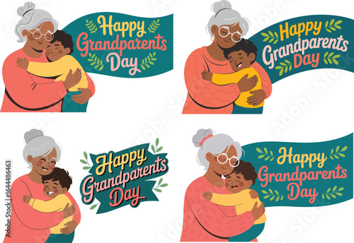 Four scenes show an African American grandmother hugging her grandson beside a Happy Grandparents Day banner