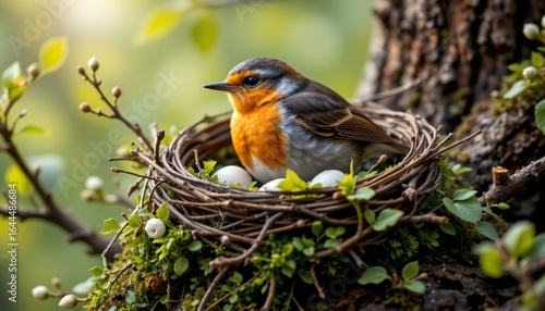 robin's nest with moss and feathers, spring, no people, no text, no logo