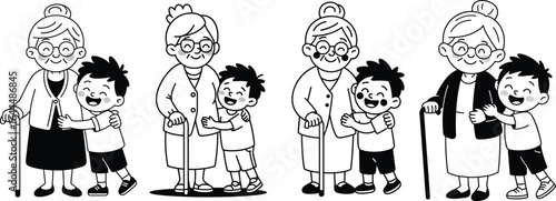 Line art shows happy boy hugging smiling grandmother with cane in monochrome drawing