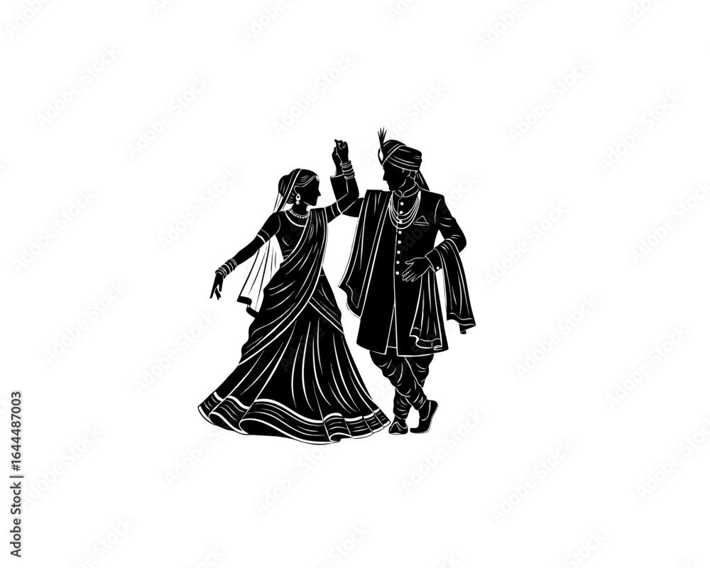 Fototapeta premium A traditional Indian couple, a woman in a flowing sari and a man in ornate attire, are depicted dancing gracefully in a silhouette against a white background.