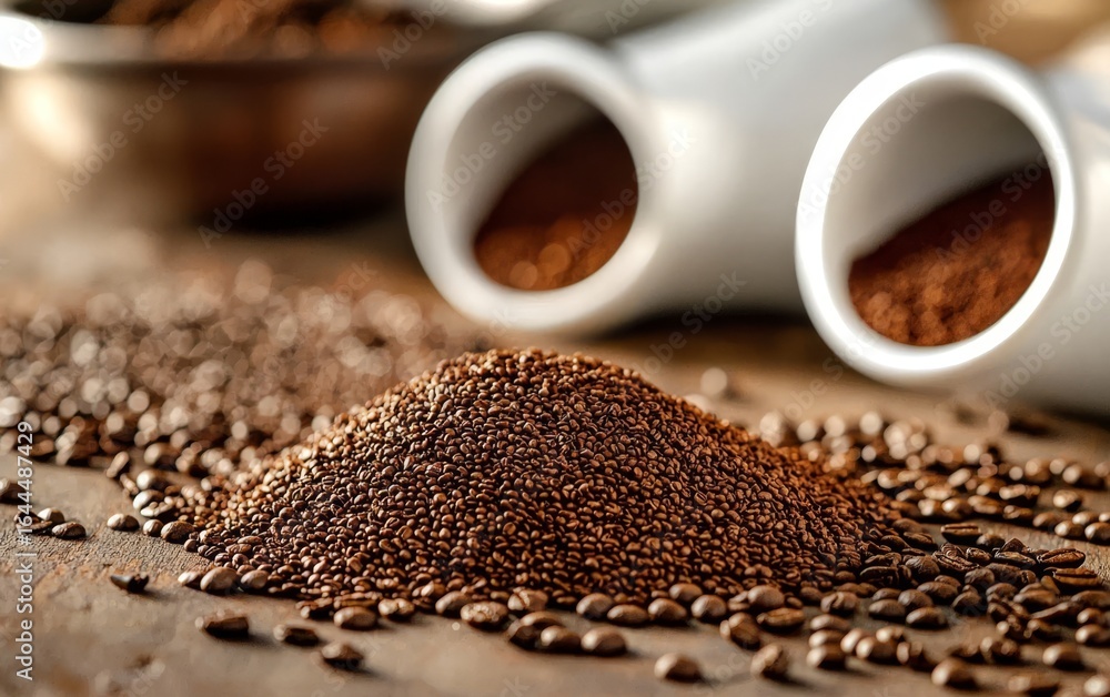 Naklejka premium The warm glow of a kitchen enhances the beauty of spilled coffee on wood.